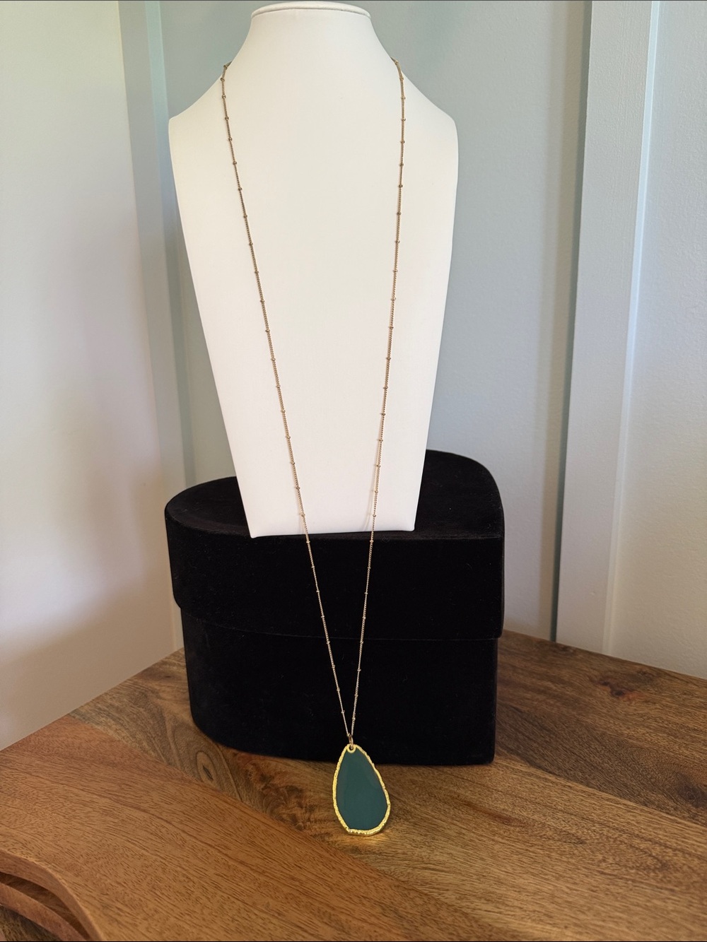 Gold Chain Necklace with Green Stone Pendant - Women Jewelry